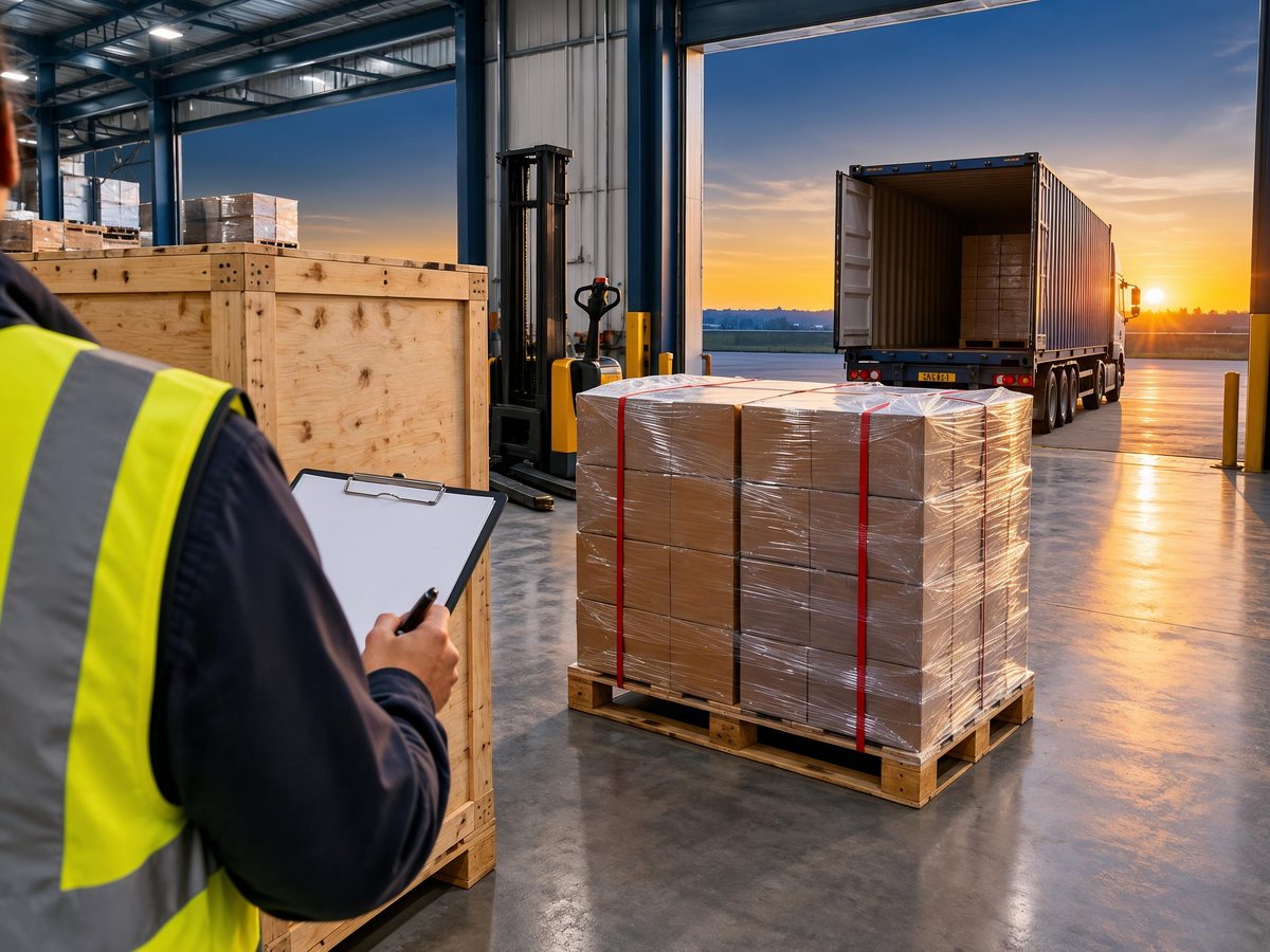Illustrative image: coordinator checking a wrapped export pallet at a loading dock