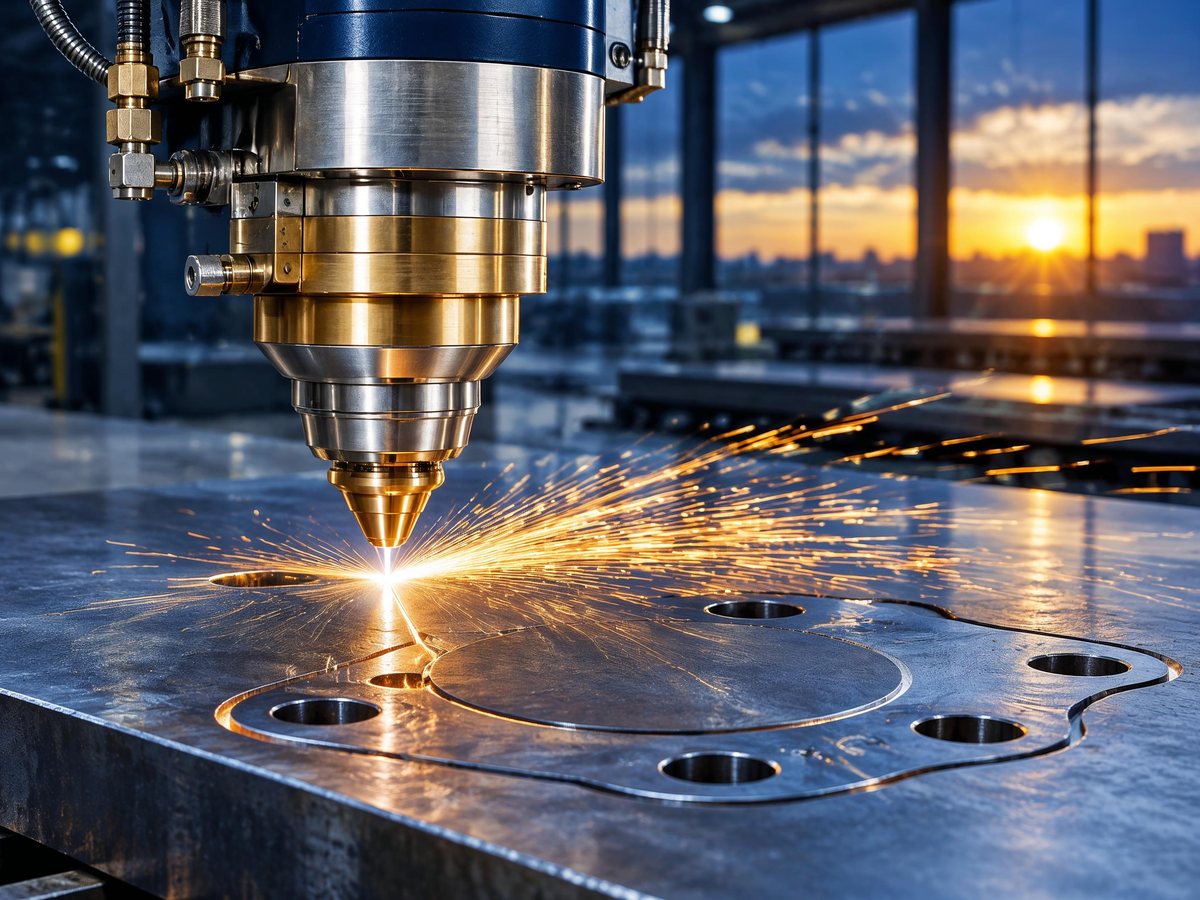 Illustrative image: fiber laser cutting a steel flange profile in a fabrication workshop