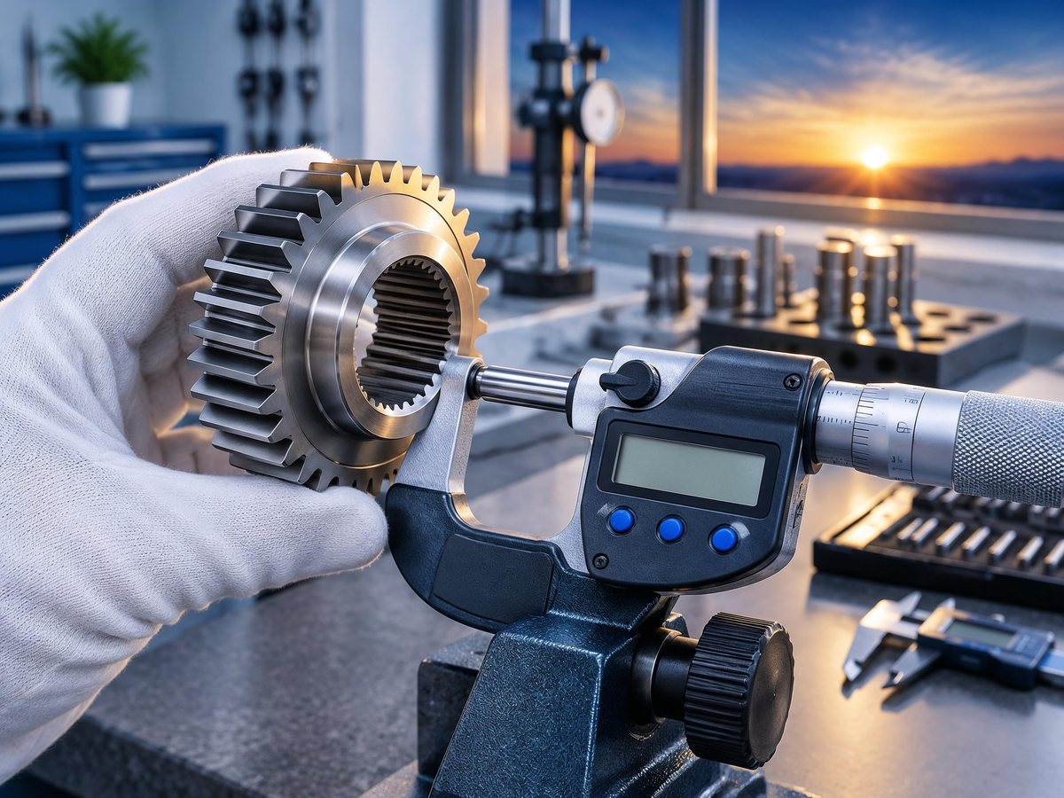 Illustrative image: gloved hand measuring a machined gear with a digital micrometer