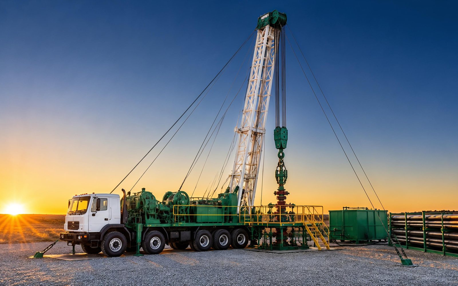 Truck-mounted workover rig rigged up over a well at sunrise