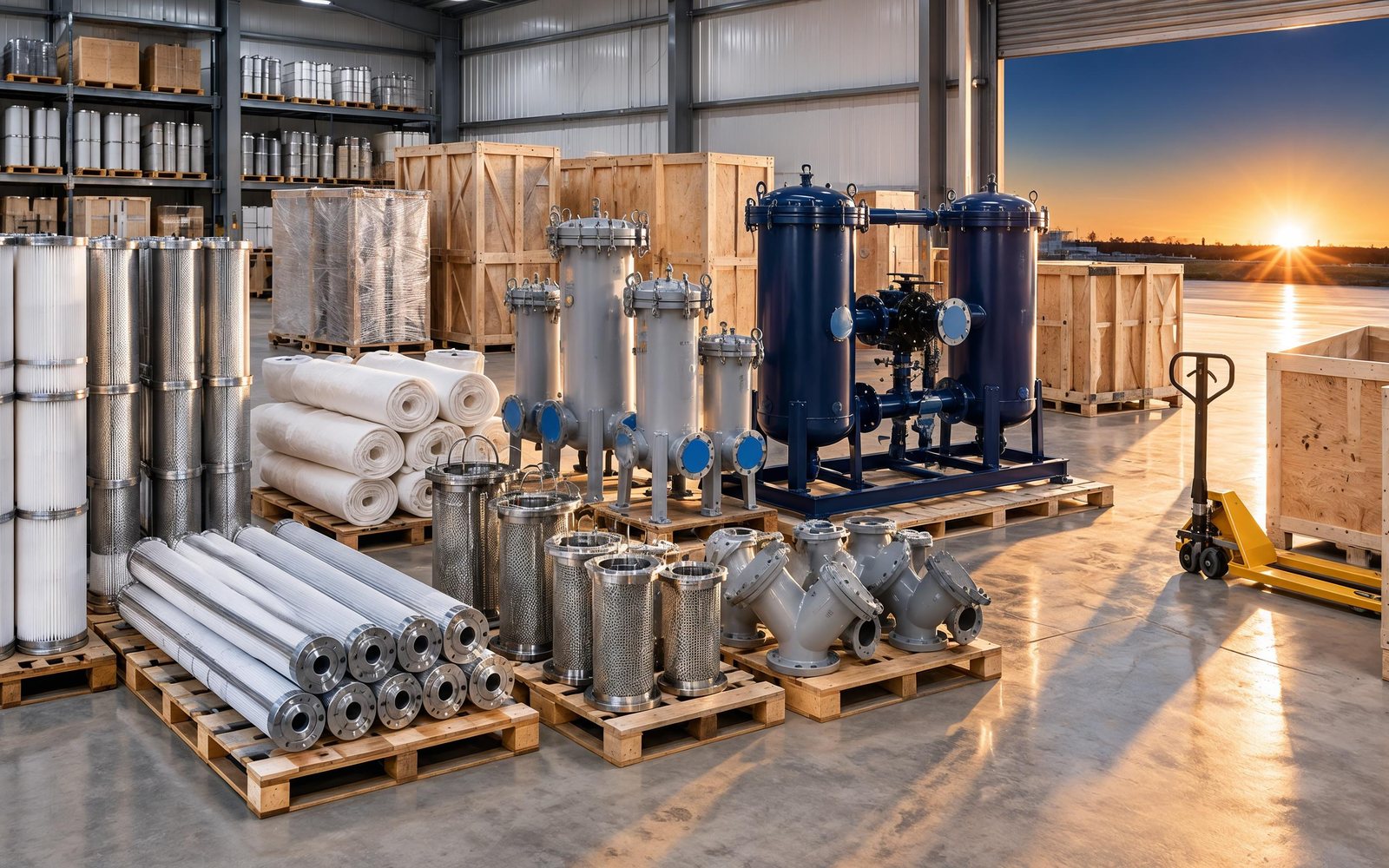 Filter cartridges, strainers and filter housings on pallets awaiting packing