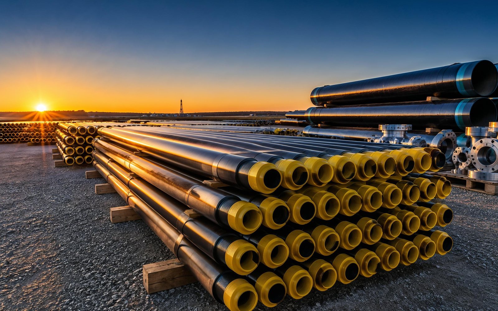 Racked casing and tubing with thread protectors in a pipe yard at sunrise