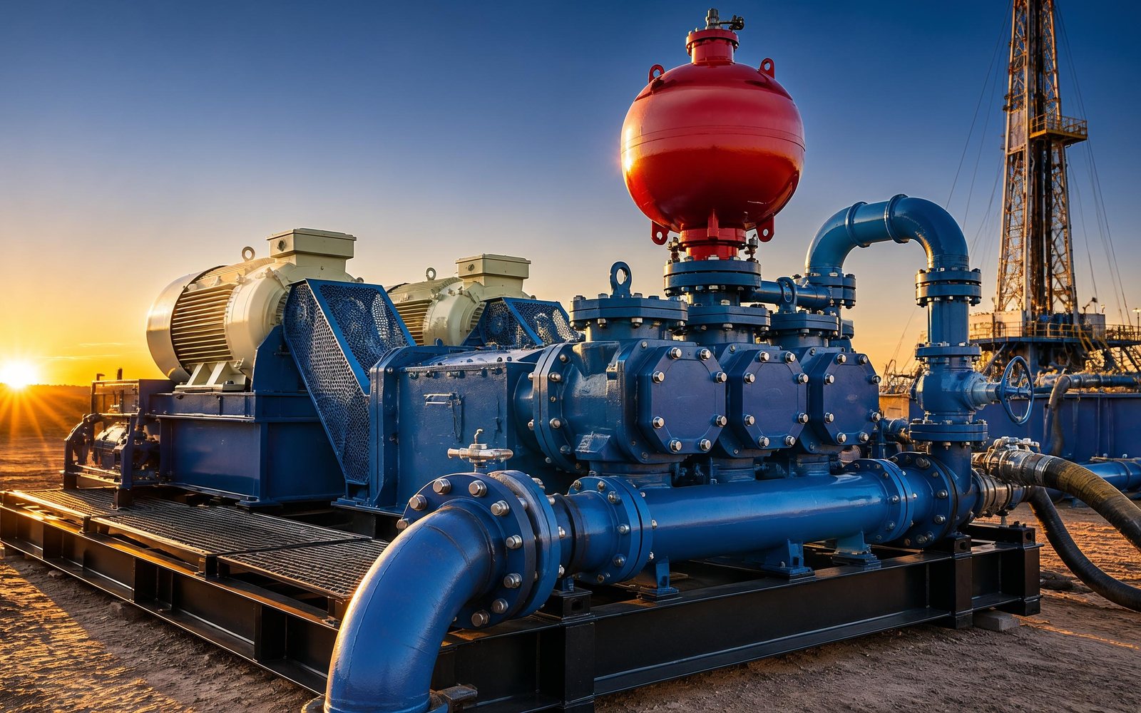 Triplex mud pump package rigged up on a drilling site at sunrise