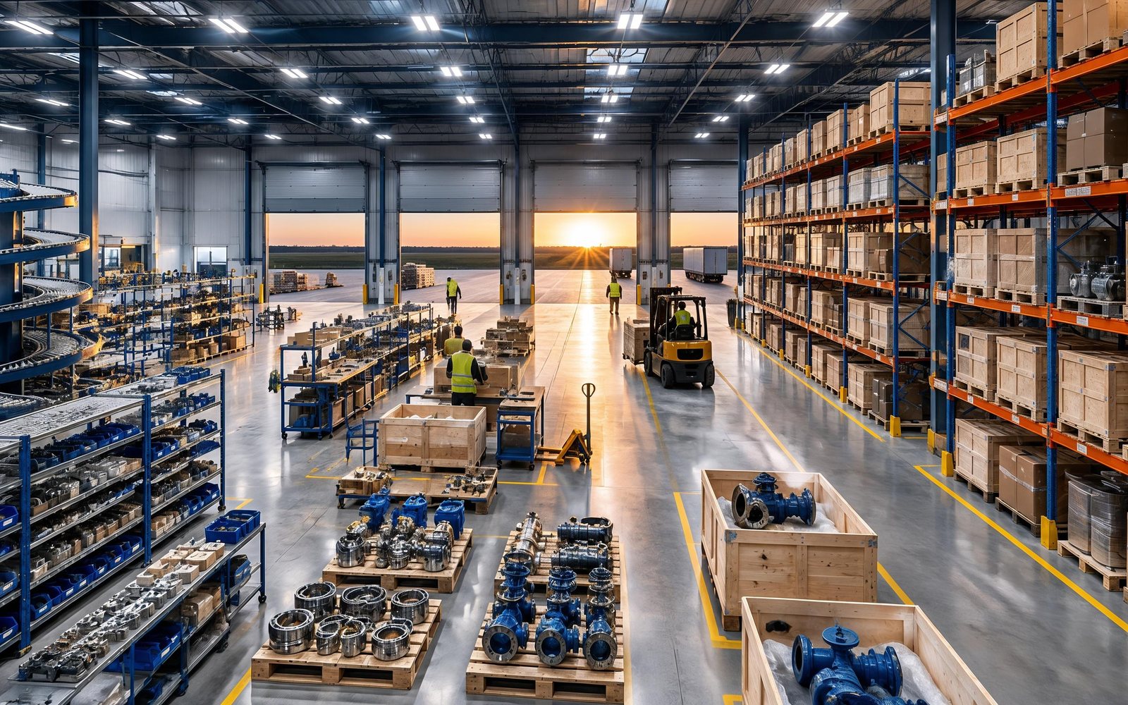 Spare parts distribution warehouse with racking and a packing area