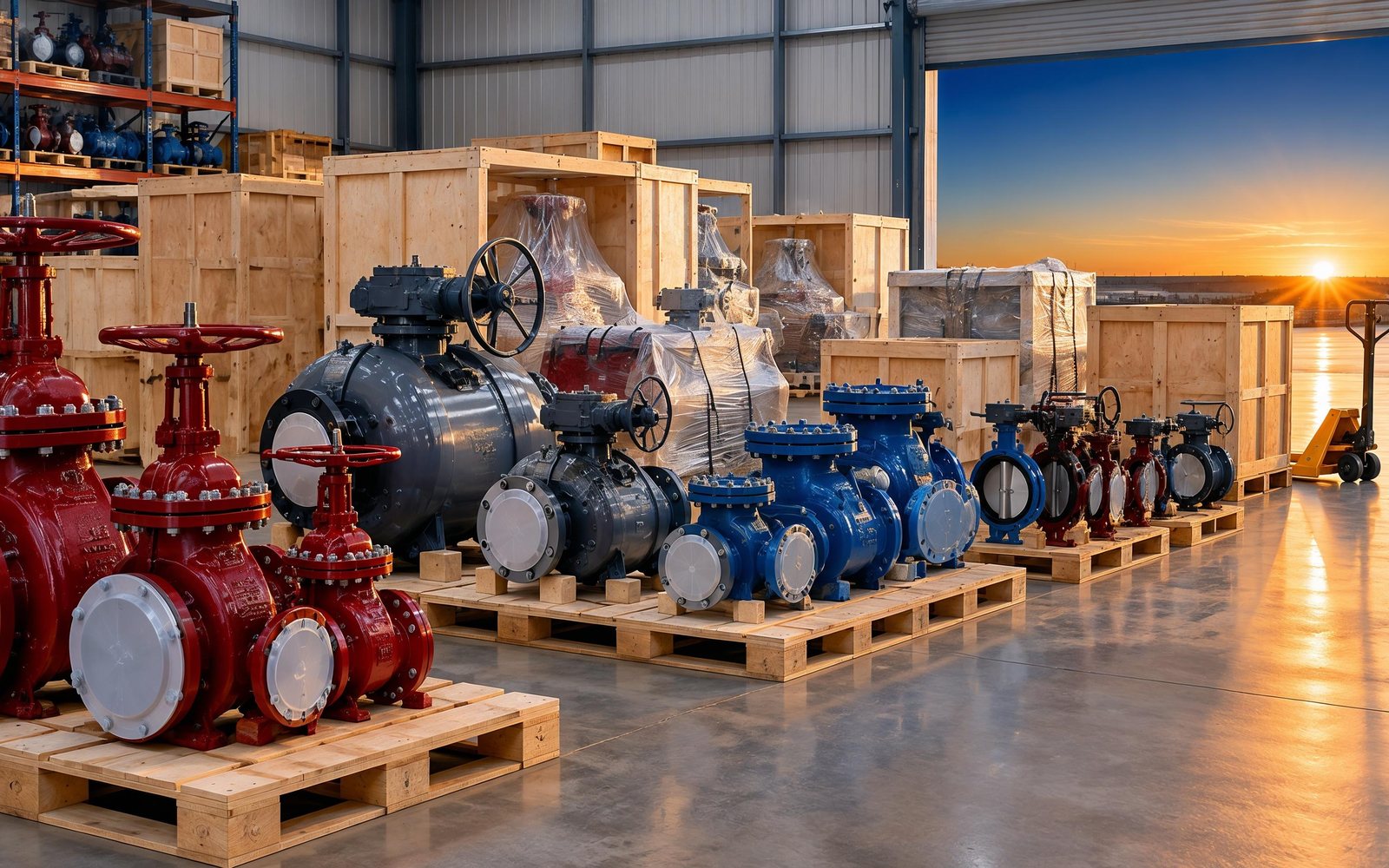Gate, ball and butterfly valves on pallets awaiting export packing