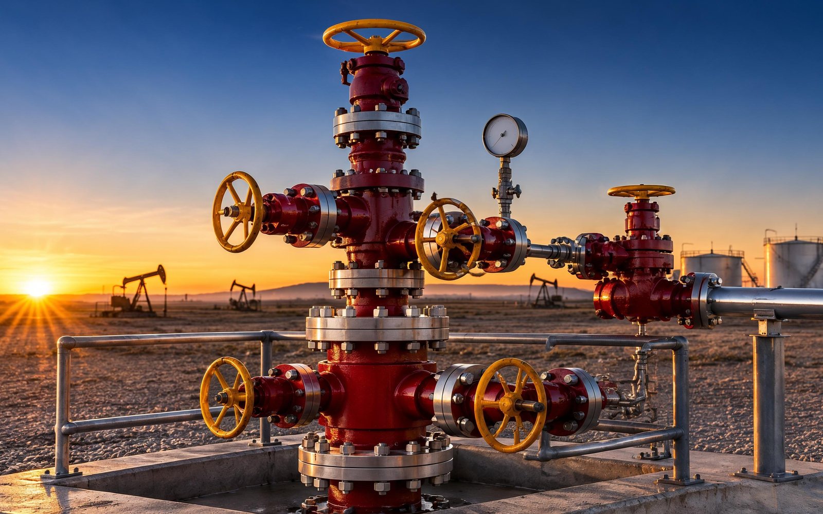 Christmas tree wellhead assembly on a production well pad at sunrise