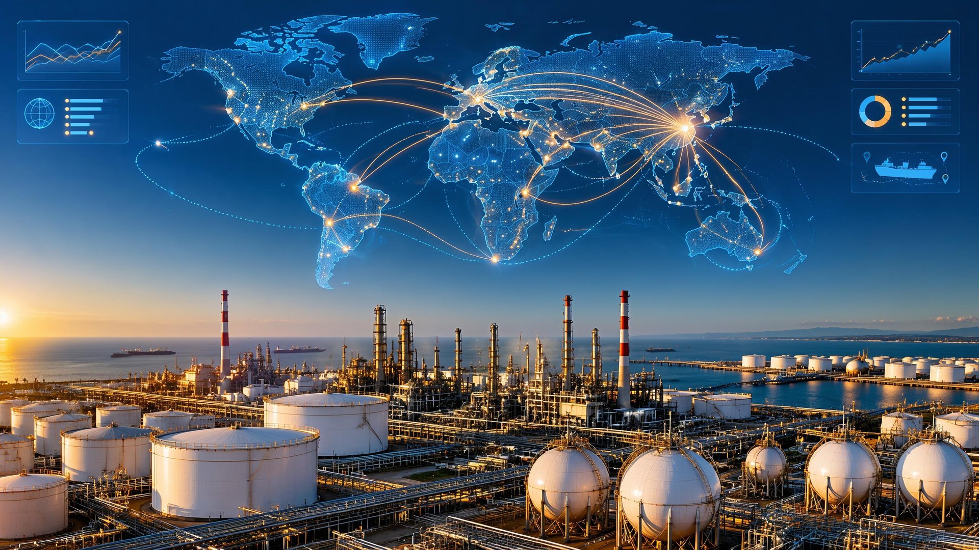 Illustrative image: coastal refinery and tank farm at sunrise under a world map of supply routes from China