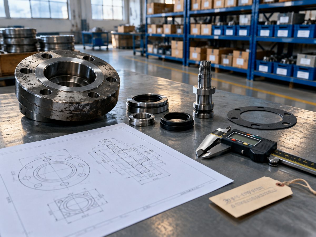 Illustrative image: worn steel flange, seal rings and a valve stem on a workbench beside an engineering drawing and a digital caliper